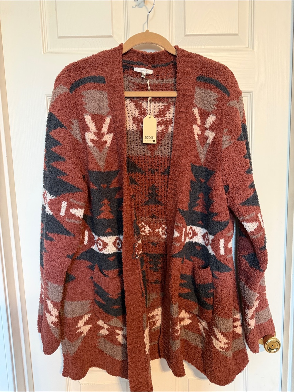 JODIFL Open-Front Aztec Cardigan in Maroon, navy & Cream